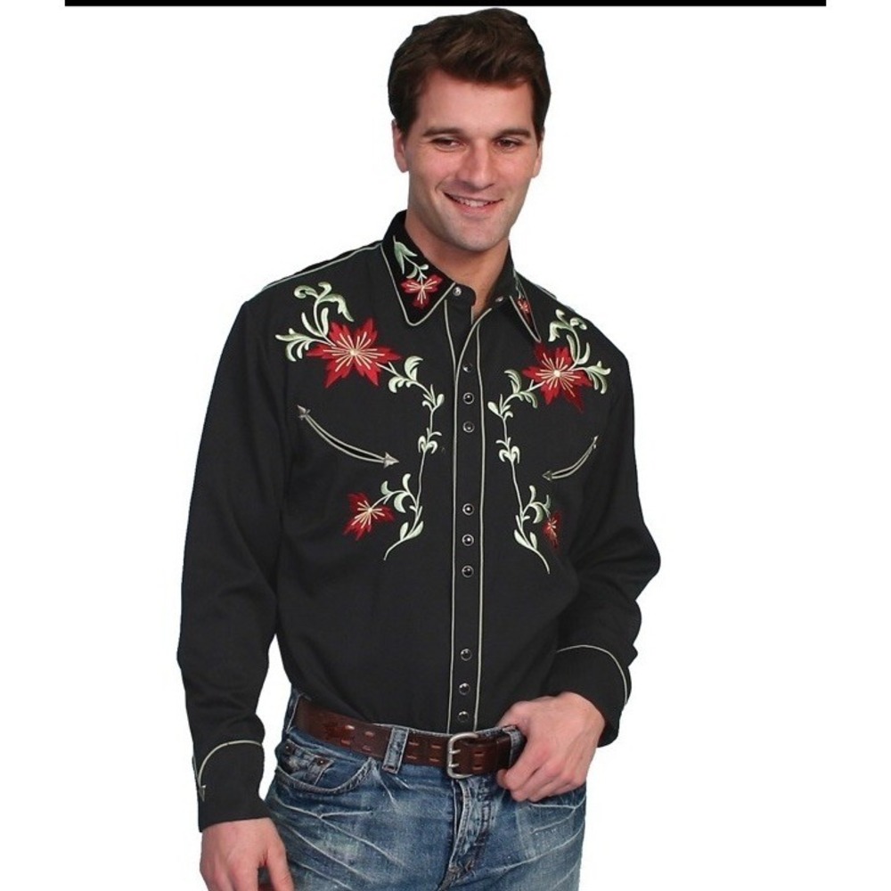 Scully Men's Floral Embroidery Black Snap Shirt P-633 Large